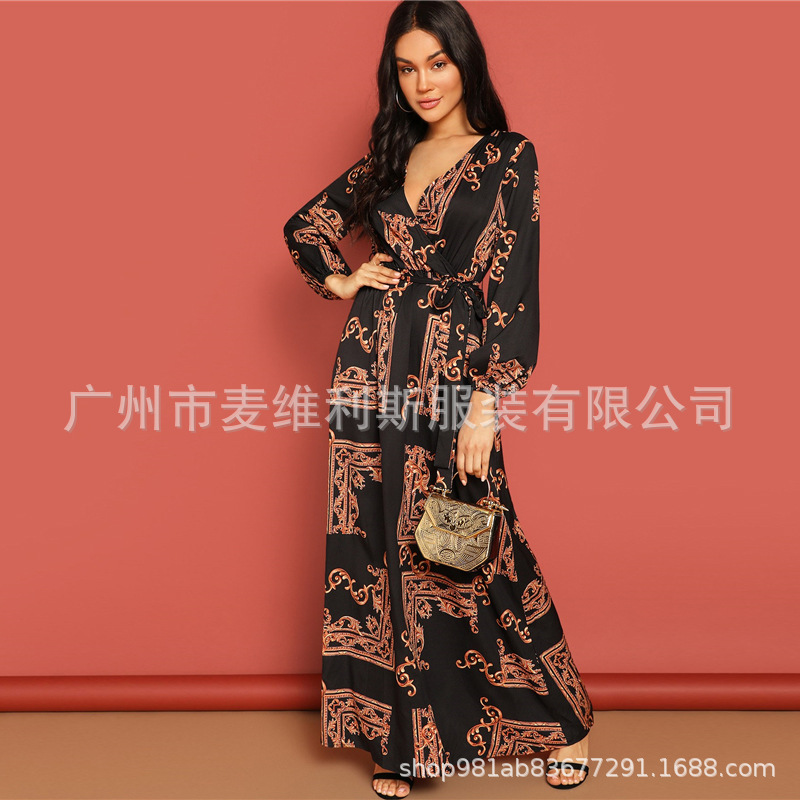 

Fashion Print Summer Bohemian Beach Dress V Neck Long Sleeve Maxi Women Dresses Lantern Sleeve Vestidos Verano 2020, Blue
