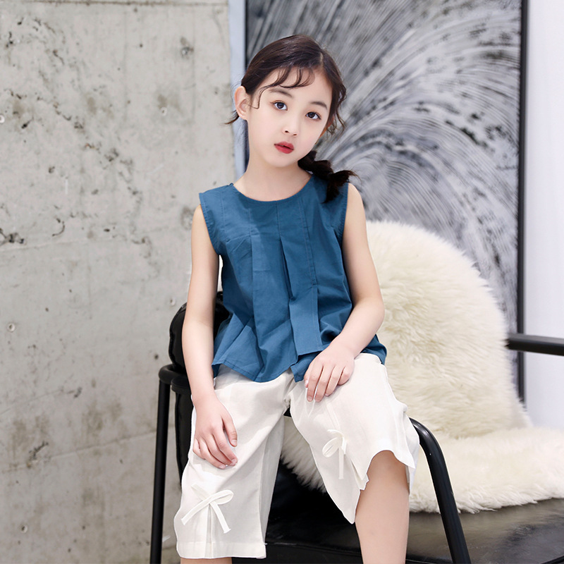 

Teenage Girls Clothing 2020 summer Girl Cotton Linen Sleeveless Suit Fashion Girl Bow Shorts O-neck Sleeveless clothes for teens, Blue