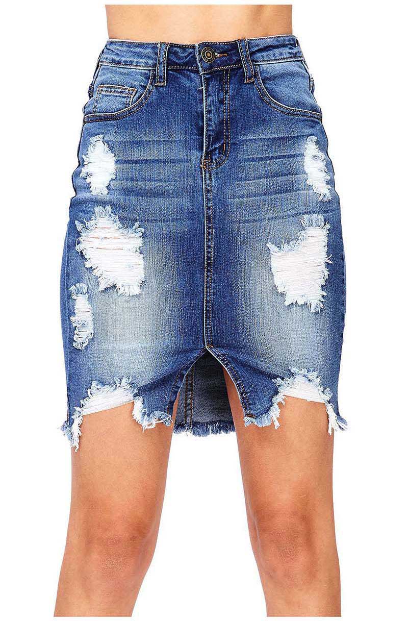 Women Denim Skirt Updated Ripped Hole Tassels High Elastic Mid waist jeans Knee Length Skirts A-line Casual Female-image-448138032