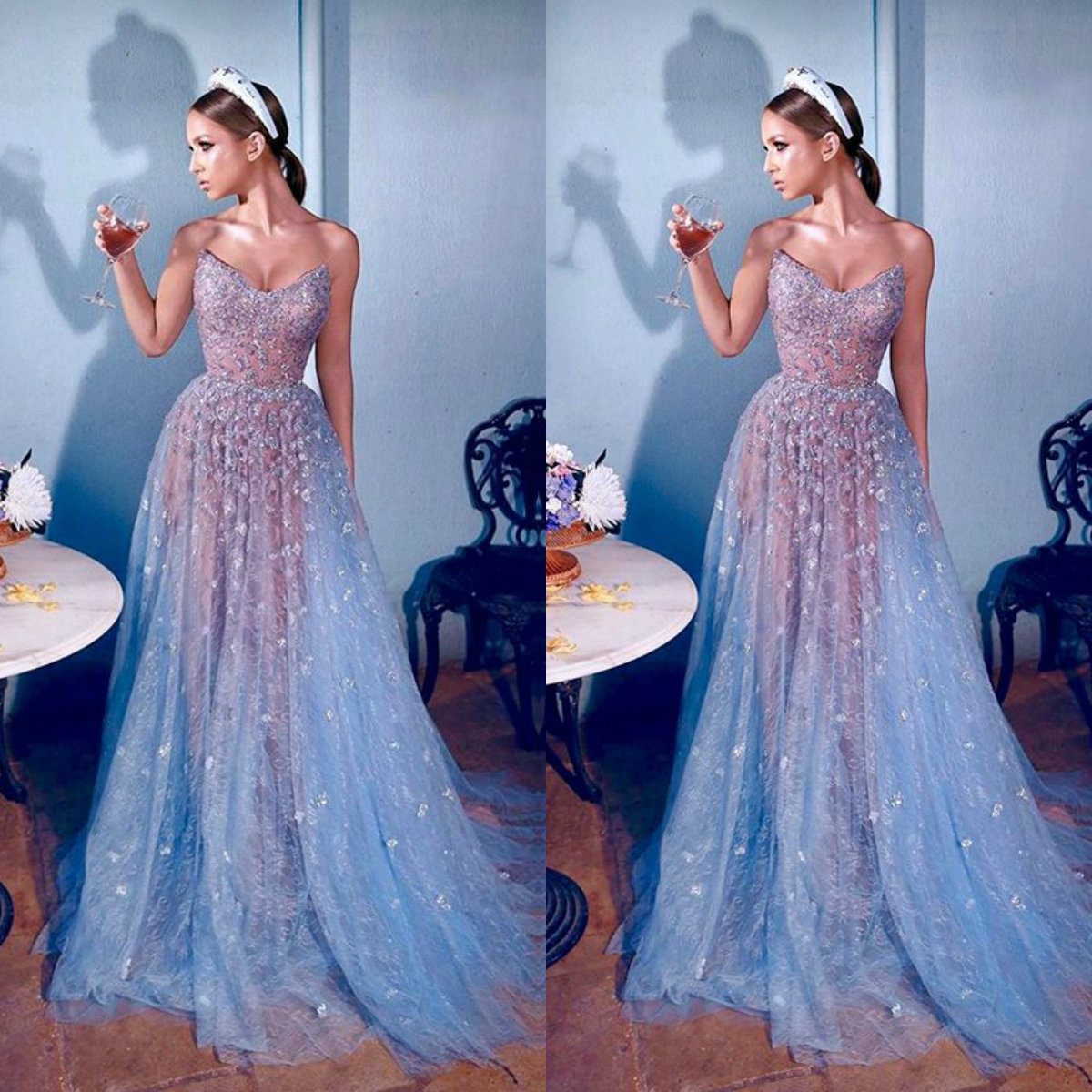 

Hand Made Flowers A Line Prom Dresses Strapless Sleeveless Beads Tulle Party Gowns Sweep Train Special Occasion Dresses, Light sky blue