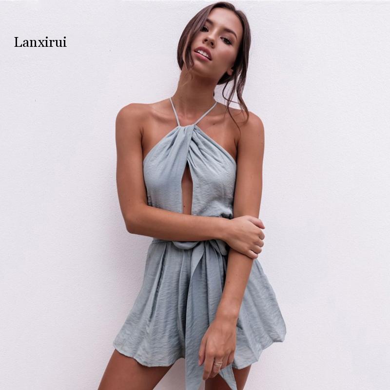 

Sleeveless Halter Playsuit Bodysuit Summer Beach Short Combinaison Femme Overalls Casual Sexy Bandage Jumpsuit Romper, Gray