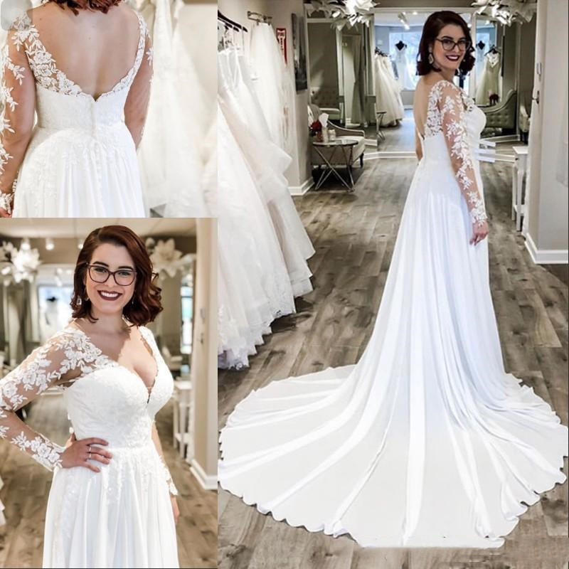 

Chic Lace Chiffon Boho Wedding Dresses V-Neck Backless Appliques Long Sleeves Summer Bridal Beach Mariage Gowns Plus Size Vestidos, Gold