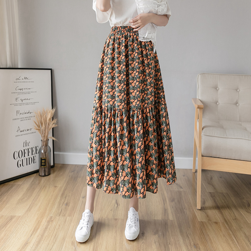 

2020 New Summer Women Chiffon A-Line High Waist Ruffles Pleated Skirts Ladies Mid-Calf Elegant Beach Floral Printed Skirts Z159, Yellow flower