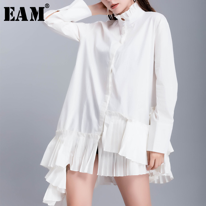 

EAM] Women White Hem Pleated Asymmetrical Blouse New Stand Collar Long Sleeve Loose Fit Shirt Fashion Spring Autumn 2020 JR944, Black