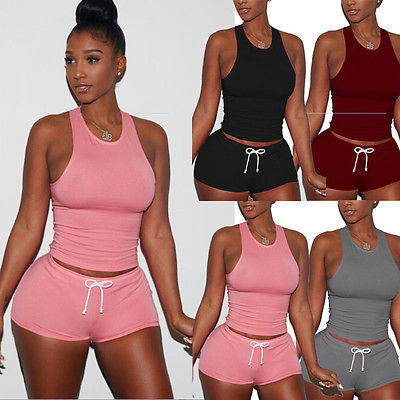 

New Fashion Women Slim Loose Outfits Sleeveless Crop Top+Short Pants Casual 2pcs Clothes Set, Black