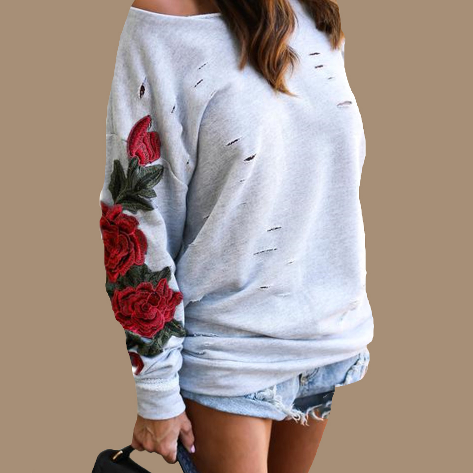 

One Shoulder Embroidered Sweatshirt Vintage Floral Pullover Ripped Hoodie Poleron Mujer 2019 5xl Plus Size Women Hollow Out, Light grey hoodie
