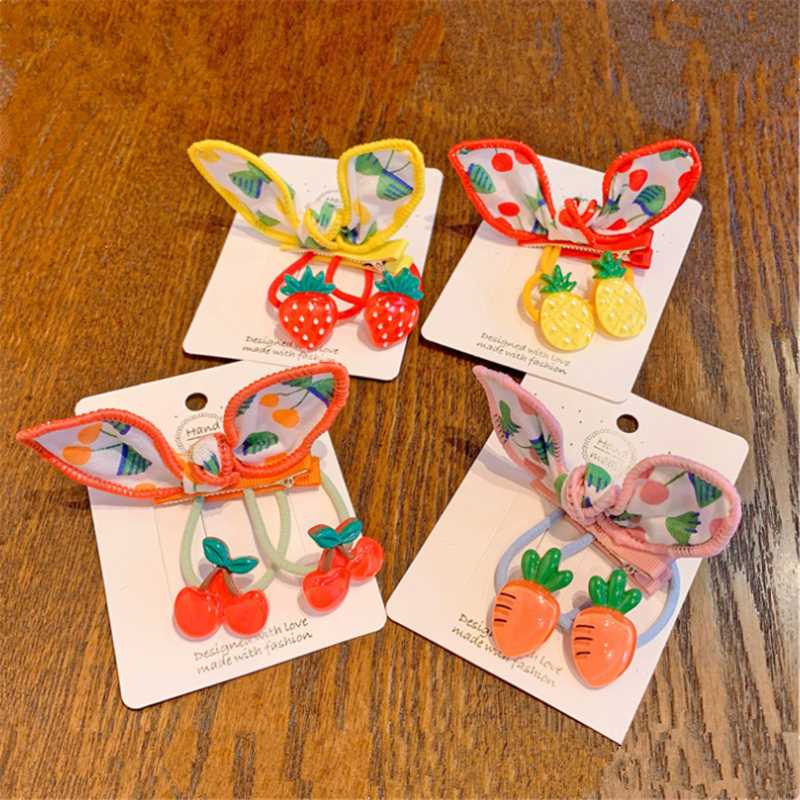 

8set/lot Kids Cute Hair Ropes Bow Hair Clip Ear Fruit Strawberry Rope Hiarpin Ponytail Girl Fashion Accessories, Red set
