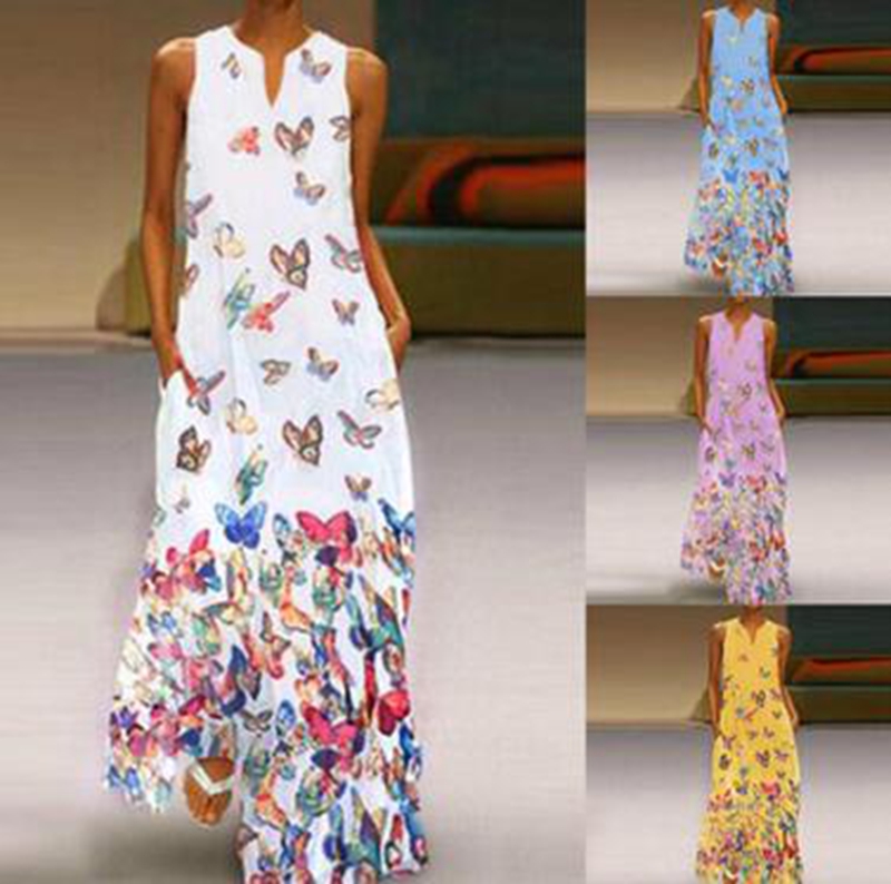 

Wholesale fashion explosion models women retro ink painting butterfly printing V-neck sleeveless trousers summer dress, Pink