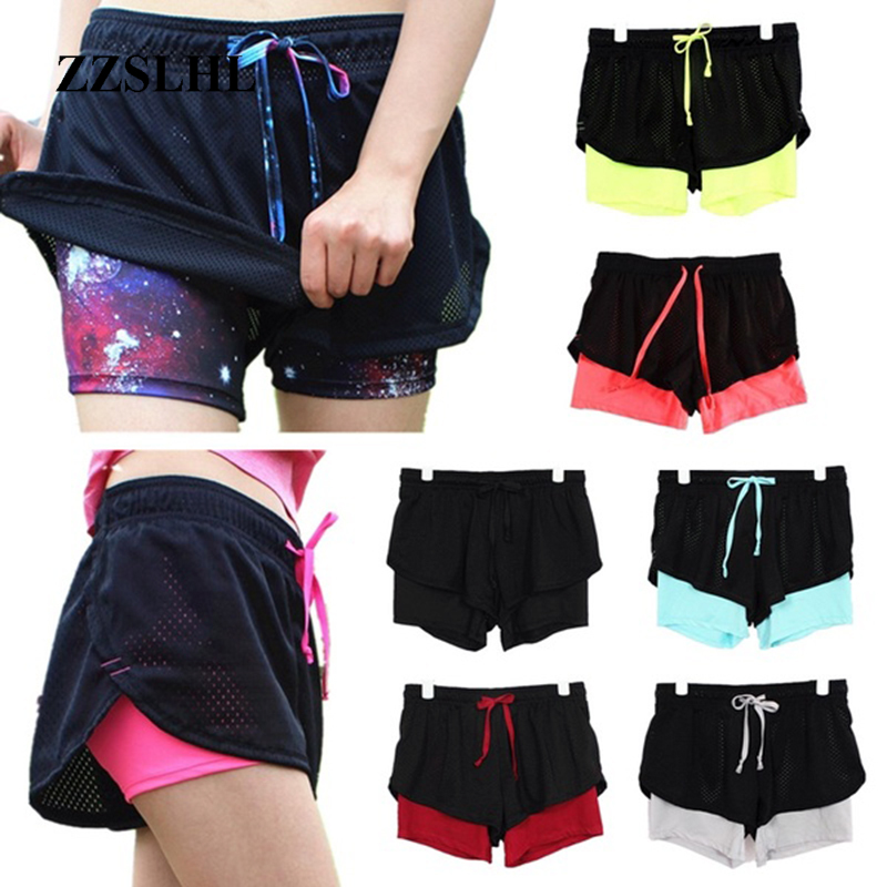 

2 in 1 Women' Tennis Running Yoga Sport Shorts Double Layer Anti Emptied Waistband Short Pants Quick-dry For Gym Fitness -XXL, Black