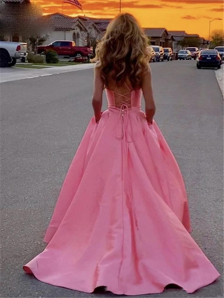 

2020 Modest Pink Satin Long Evening Dresses Spaghetti Straps V-Neck Lace Up Back Formal Prom Party Dresses, Hunter
