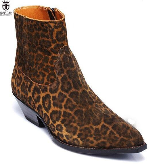 

2020 FR.LANCELOT Design Leopard Real Leather Suede Men Shoes Side Zipper Flats Shoes Mens Pointed Toe, As pic