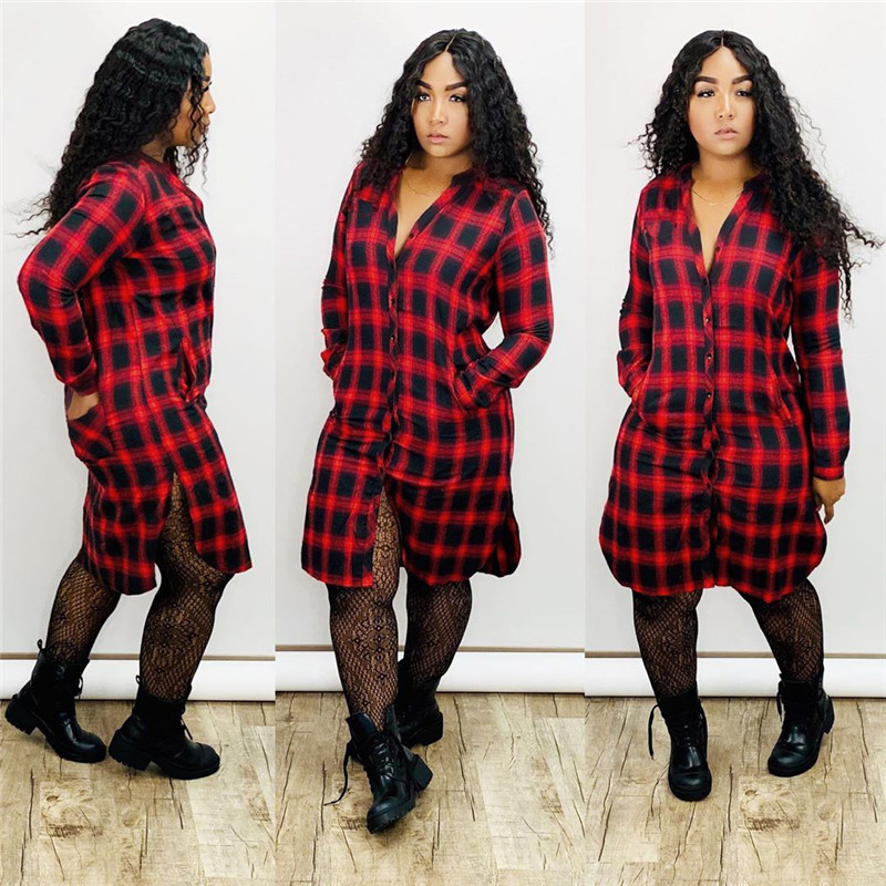 

Women plaid print dresses sexy v neck madi skirts long sleeve shirts fashion clubwear casual loose dress fall winter clothing hot sell 1957, As pic