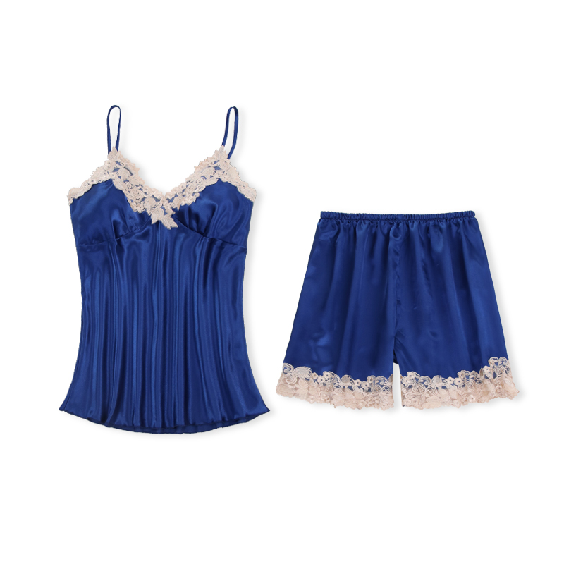 

Summer New Satin Sleep Suit Lady Lace 2PCS Strap Top&Shorts Set Pajamas Pyjamas Sexy Intimate Lingerie Nightwear Homewear, Pink