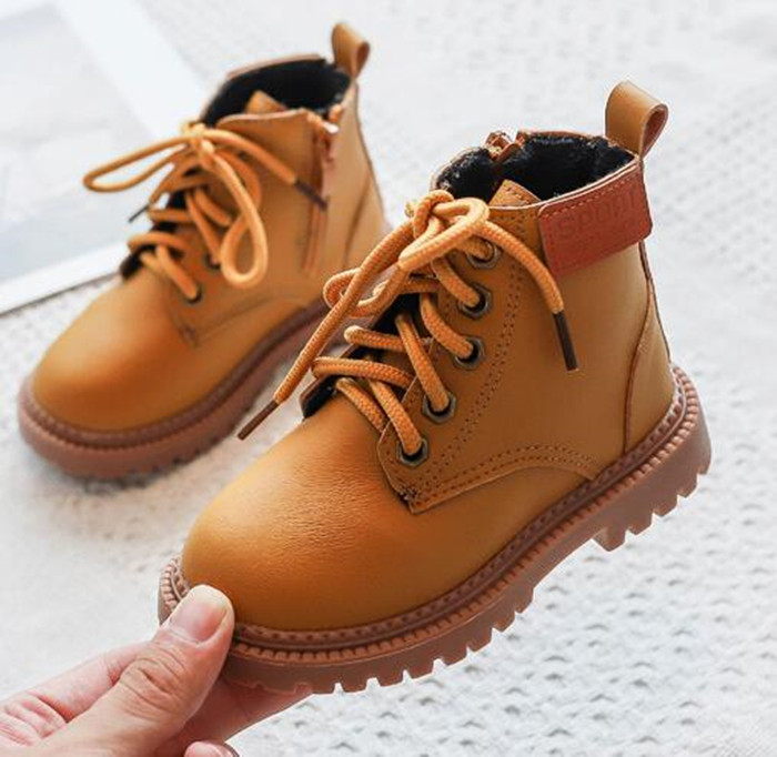 

Fashion Autumn Plus velvet Baby Girls Boys Boots For Children Martin Boots Ankle Lace Leather Girl Casual Toddle Shoes, Apricot