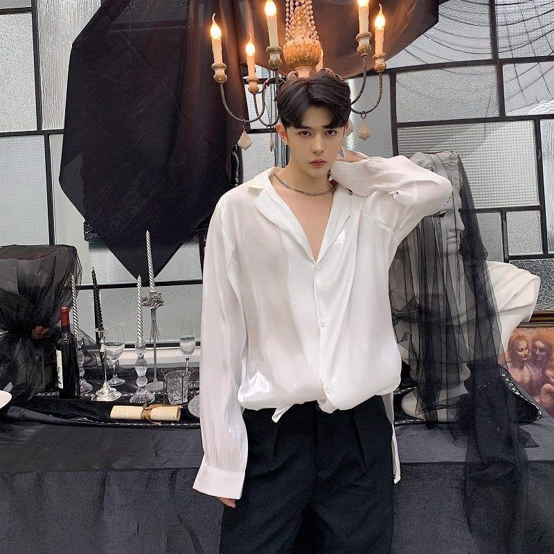 

White Black Men Organza Split Sexy Fashion Casual Sleeve Shirt Male Translucent Long Style Dress Shirts Nightclub Clothes