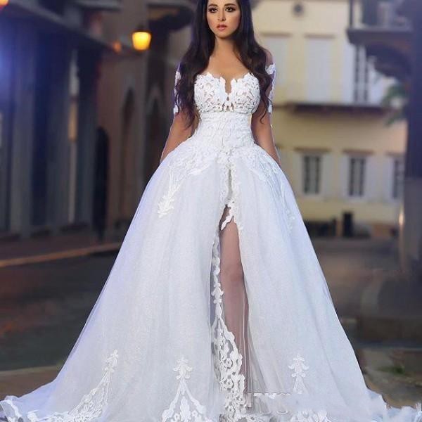 

New Counttry A Line Long Sleeves Wedding Dresses Jewel Neck Appliques Lace Sweep Train Illusion Overskirts See Through Formal Bridal Gowns, White