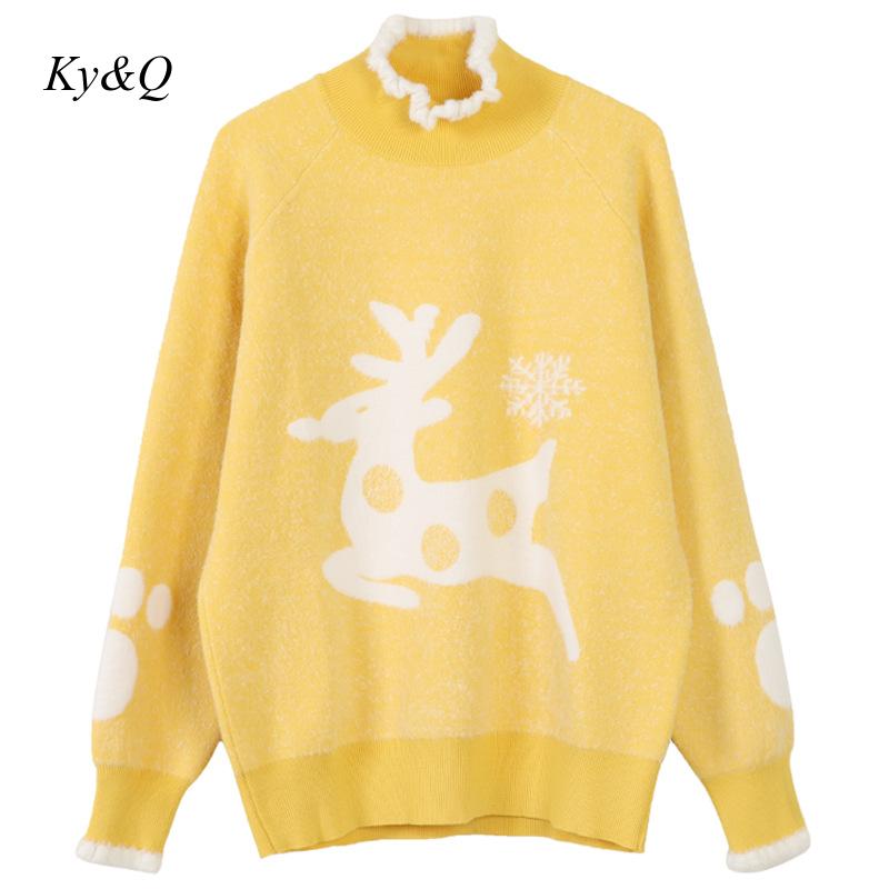 

Brand Design Winter Turtleneck Ruffles Patchwork Red Pullover Snowflake Fawn Embroidered Christmas Sweater Top 2019 Clothes, Blue