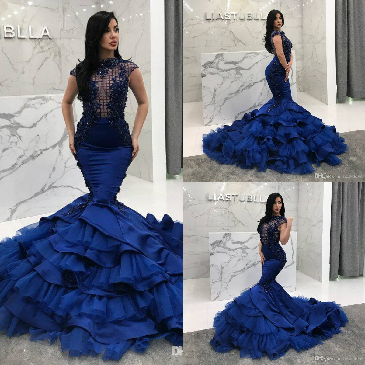 

2019 Royal Blue Mermaid Prom Dresses Beaded Bateau Neck Tiered Sequined Evening Gowns Vestidos De Fiesta 3D Appliqued Satin Formal Dresses, Water melon