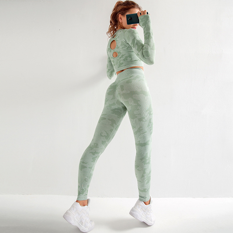 Jennifer Femmes Yoga Chemise à manches longues + Leggings sans soudure Pantalons Camo Suivi