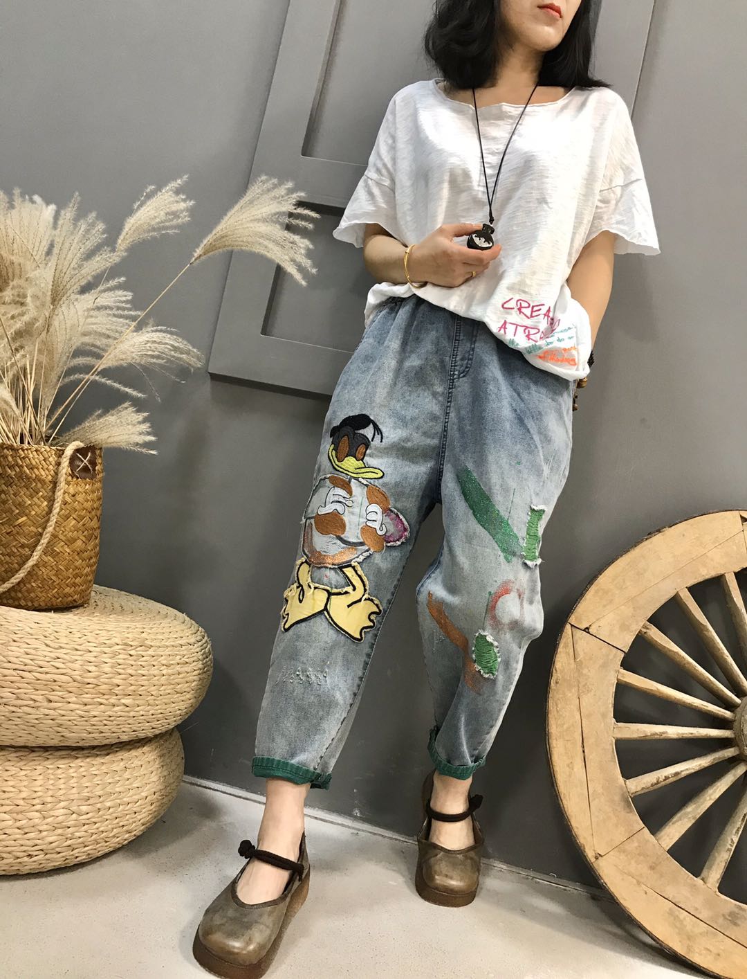 

Bright Green Fork Pants National Wind Restoring Ancient Ways Girl Embroidered Jeans Bk4560, Emerald green