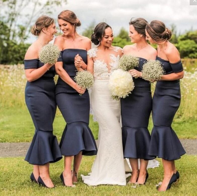 2019 New Simple Mermaid Bridesmaid Dresses Strapless Off Shoulder Satin Ruffles Tea Length Plus Size Cheap Wedding Guest Gowns Custom Made