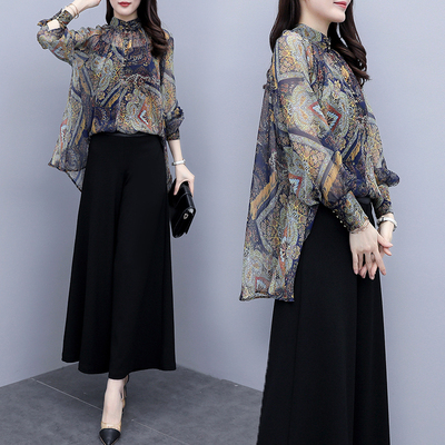 

2020 Korean Vintage Chiffon Shirts Women Loose Two Piece Set High Waist Culottes Pants 2 Piece Sets Ladies Clothing Fashion Sets, Black