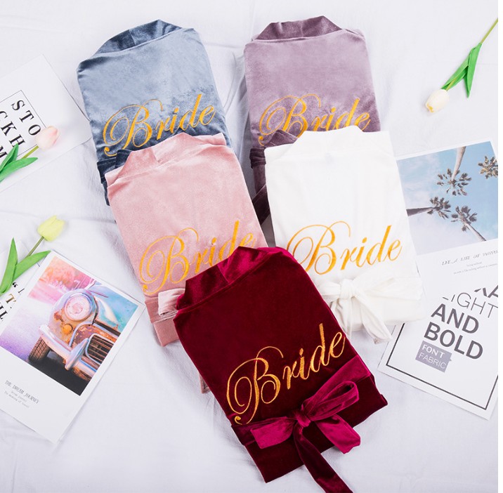 

Cross-border women's velvet robe wedding dress robe embroidery Bride cardigan robe wedding dress wholesale, Blue