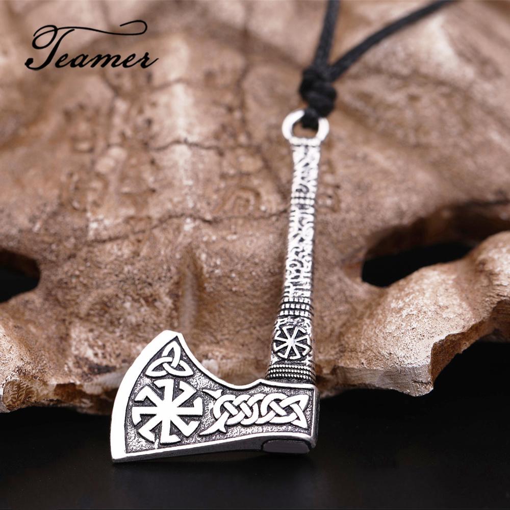 

Teamer Nordic Vikings Necklace Rune Axe Amulet Compass Scandinavian Necklace Sun Wheel Vintage Celtics Knots Wax Cord Jewelry, Silver