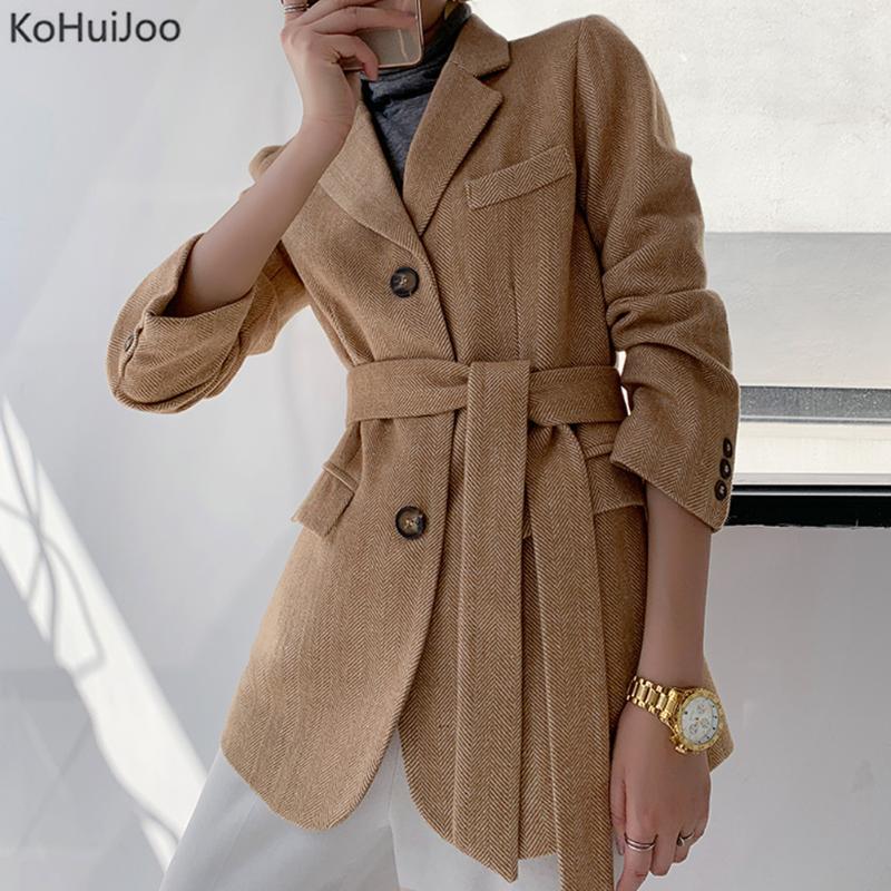 

KoHuiJoo Ladies Wool Blazer Women Spring Winter Retro Chic Vintage Solid Casual Woolen Coats Elegant Slim Wool Blend Jackets, Khaki