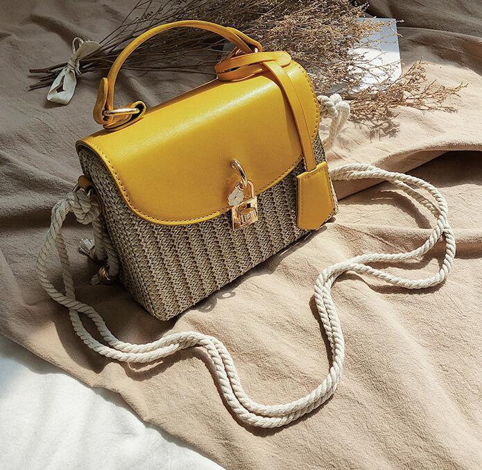 

Factory wholesale women handbag fashion woven bag summer straw womens beach handbags sweet contrast color flower buckle fashions Messenger bags