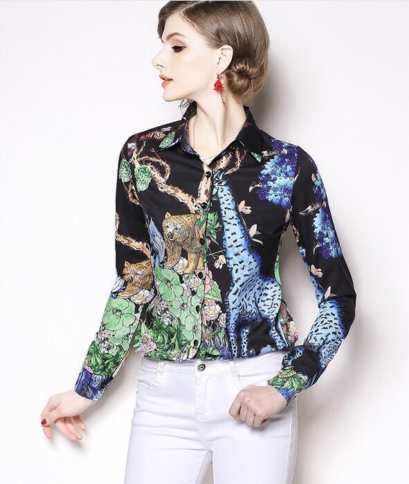 

Tiger giraffe forest print long sleeve black women shirts with single breasted lapel neck ladies shirts fashion printed top, Multi