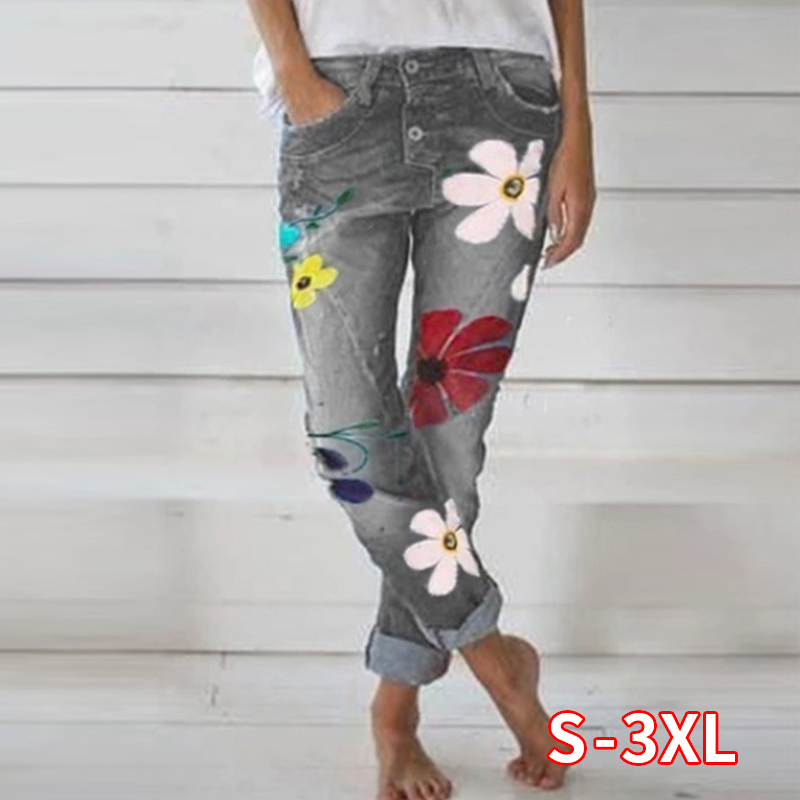 

High Waist Denim Blue Trousers Women Floral Printed Jeans Studded Casual Ankle Length Straight Pencil Jeans
