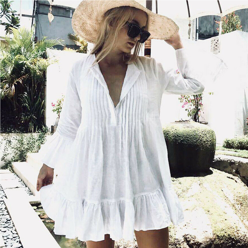 Fashion Sexy Womens Half Sleeve Summer Dress New Casual Loose V Neck Party Short Mini Dress Beach Cover Up Sun Dresses-image-486217442