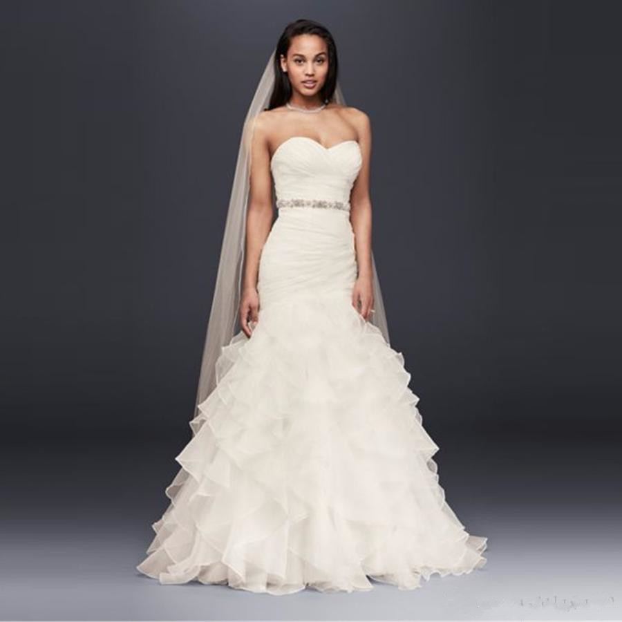 

NEW! Organza Mermaid Wedding Dress with Ruffled Skirt 2021 Strapless Beading Sash Lace up Pleated Bridal Dresses Gowns, Yellow