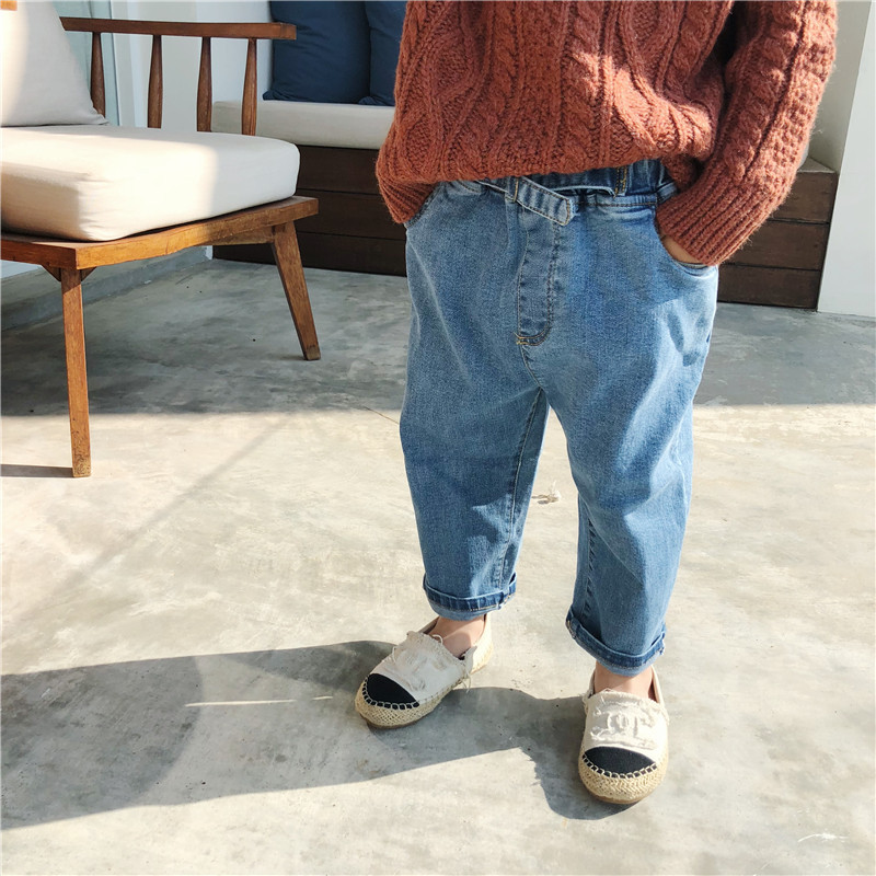 

Spring Autumn 2019 fashion baby girls jeans baby boy loose casual all-match denim pants children elastic trousers, Blue