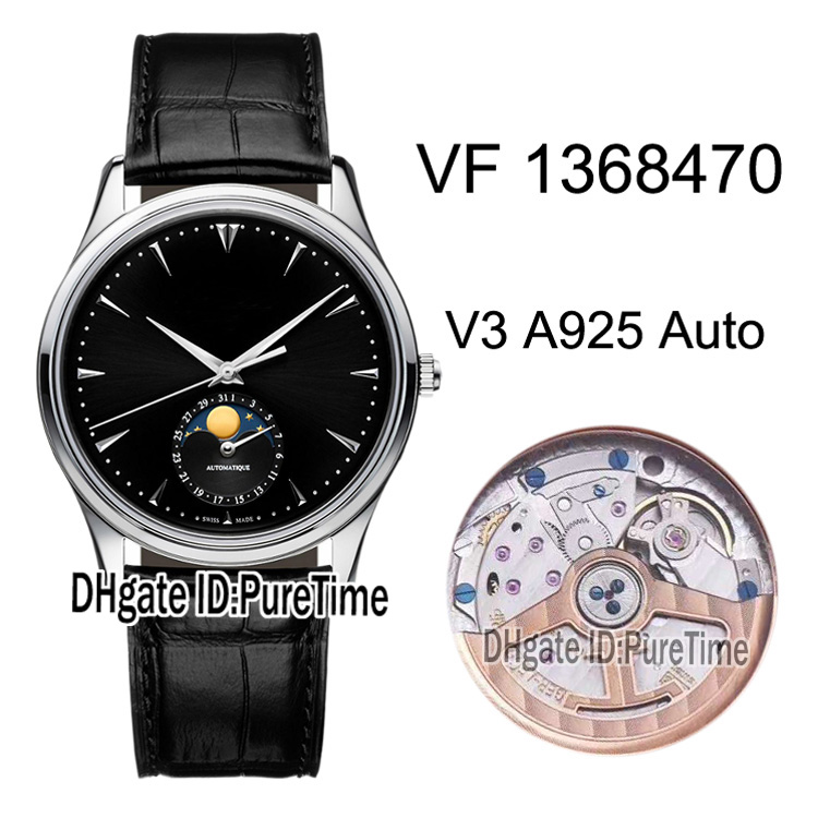 

New VF V3 Master Ultra Thin Moon 1368470 Steel Black Dial JLC A925 Automatic Mens Watch Leather (Correct Moon Phase) Best Edition Puretime, Slivery;brown