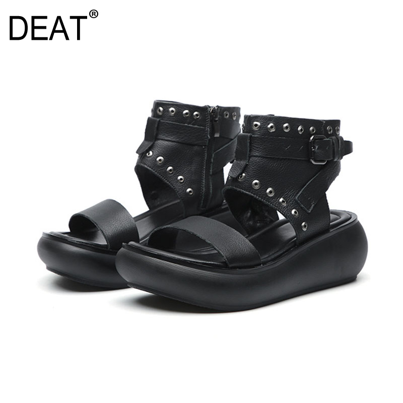 

DEAT] 2020 New Spring Summer Round Toe Belt Buckle Rivet Casual Retro Genuine Leather Sandals For Women Shoes Fashion 10G299, Black