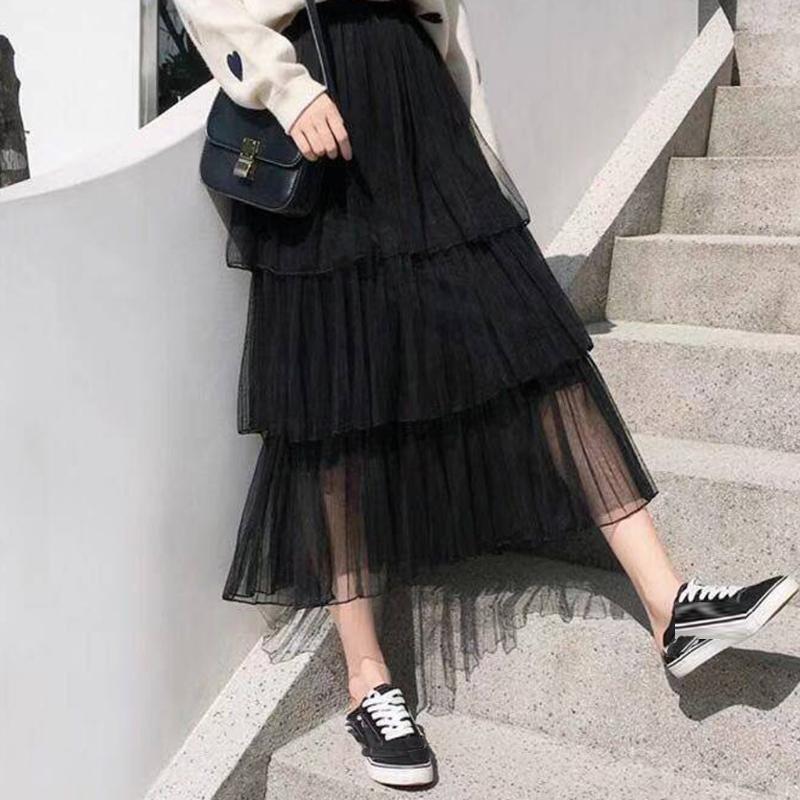 

Skirt Ladies High Waist Mesh Pleated Skirt Solid Color Fashion Casual Long Ladies 2020 New Clothing #Zer, Black
