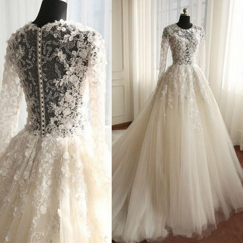 

Illusion Lace Wedding Dress Romantic Ivory Tulle Vintage Bridal Gowns Button Covered Back Long Train Spring Fashion Wedding Dresses Mariage, Silver