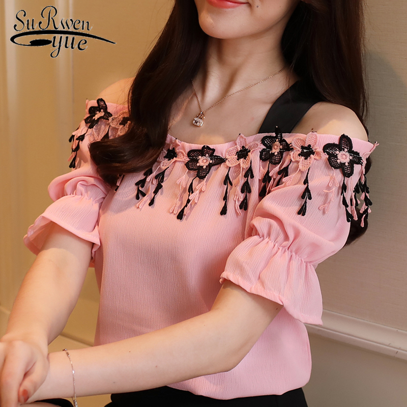 

new summer sweet pink chiffon women blouse shirt fashion 2019 short sleeve women tops slash neck women' clothing blusas D836 30, Blue