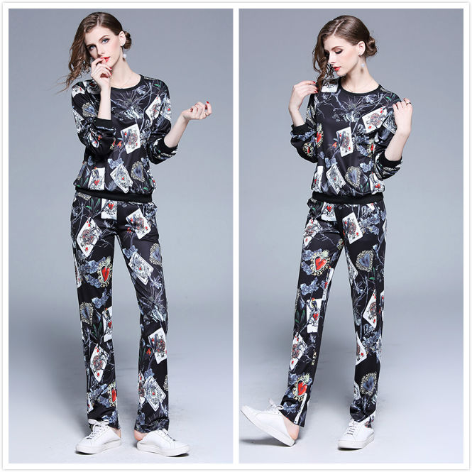 

2020 Elegant Women's Two Piece Sets Plus Size Long Sleeve Printed T-shirt + Long Pants 2 pcs Casual Ladies Runway Designer Two Piece Pants, White