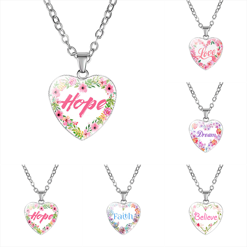 Colliers en forme de cœur pour femmes, inspirants, amour, espoir, rêve, foi, lettre, pendentif en verre, chaînes, bijoux à la mode, nouvelle coll