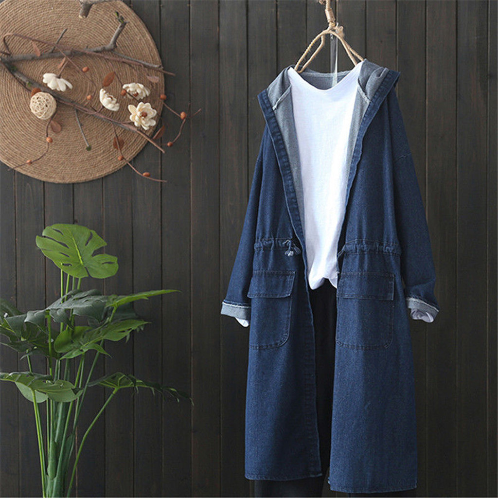 

Autumn Winter Casual Boyfriend Women Pocket Long Coat Cowboy Loose Denim Jacket Long Sleeve Retro Jean Jacket Loose Denim Coat, Beige