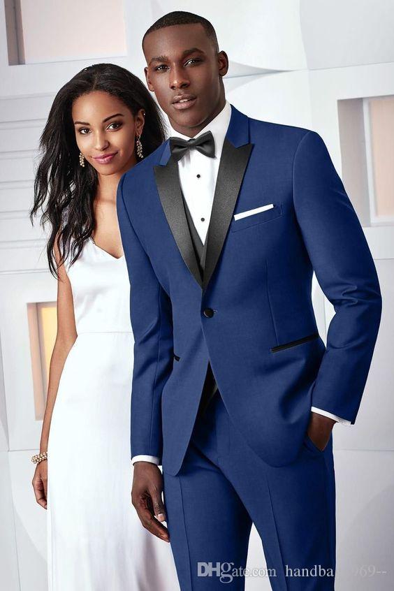 New Arrivals Navy Blue Groom Tuxedos Peak Lapel Man Prom Party Business Suits Mens Wedding Suits (Jacket+Pants+Vest+Tie) D:128