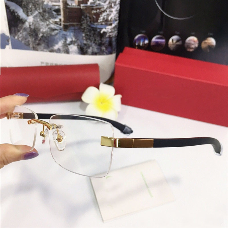 

wholesale new fashion designer optical frameless glasses 8101027 retro transparent lens wood legs simple business style top quality