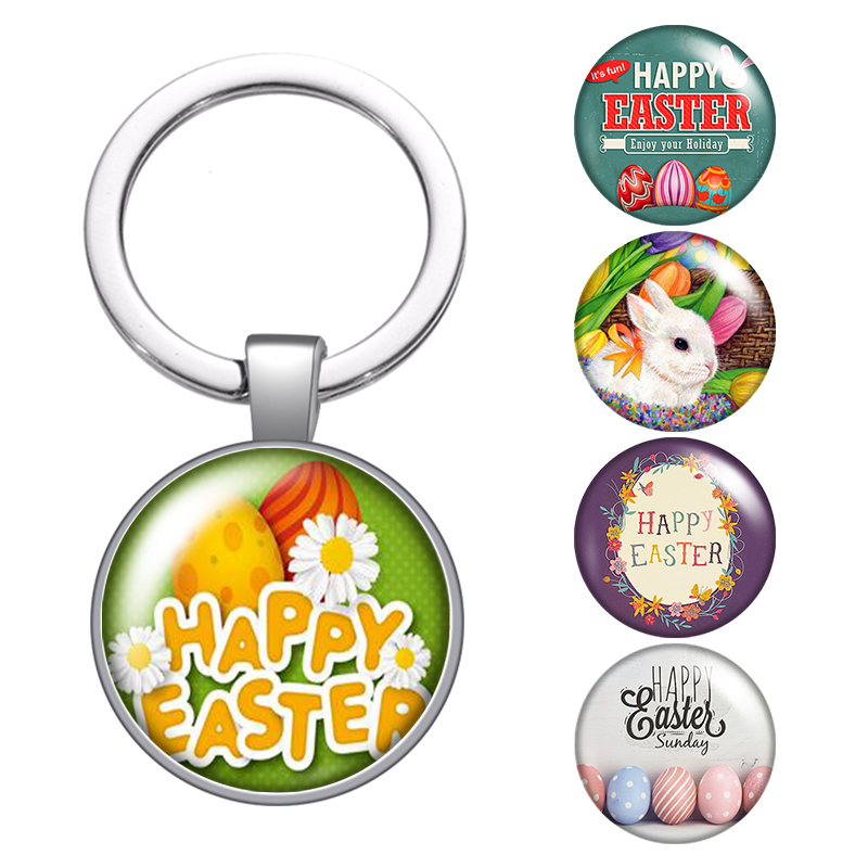 

Happy Easter Egg Rabbit Glass Cabochon Keychain Bag Car Key Chain Ring Holder Charms Silver Keychains For Men Women Gifts
