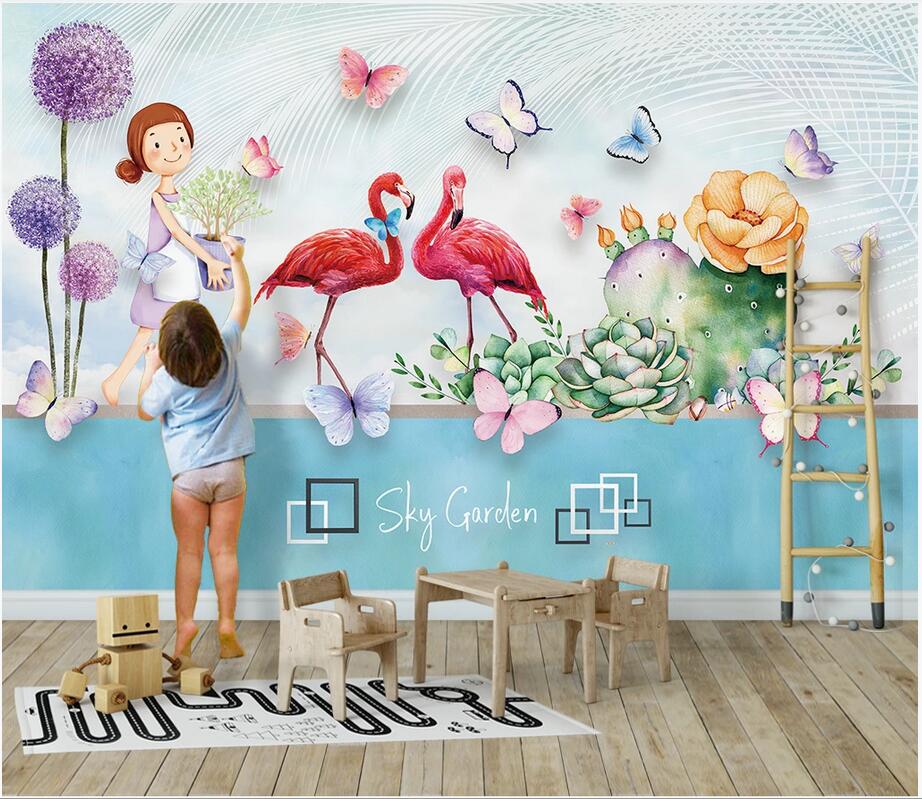 

WDBH custom photo 3d wallpaper Butterfly Flamingo Heart Shaped Succulent Dandelion 3D TV Background Wall home decor wallpaper for kid room, Non-woven