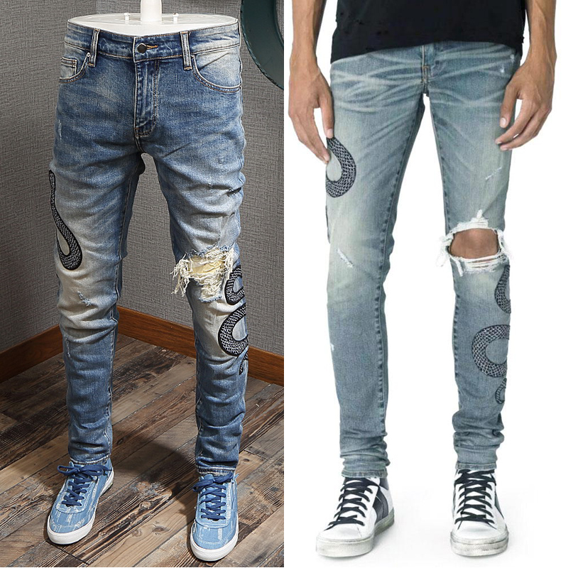

Snake Applique Denim Jeans With Plus Size 38 Damage Distressed Fading Destroyed Hole Denim Jeans Male, Amr-8097
