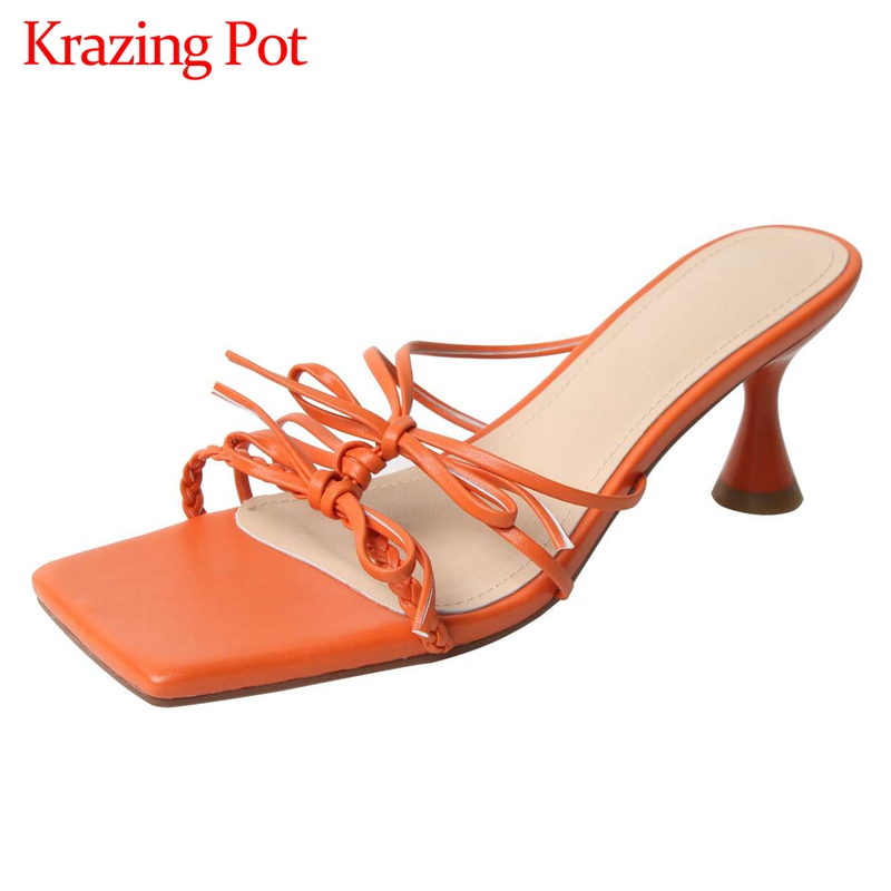 

Krazing pot new Korean street style peep toe strange high heels slip on mules butterfly-knot young lady sweet sandals women L04, Orange
