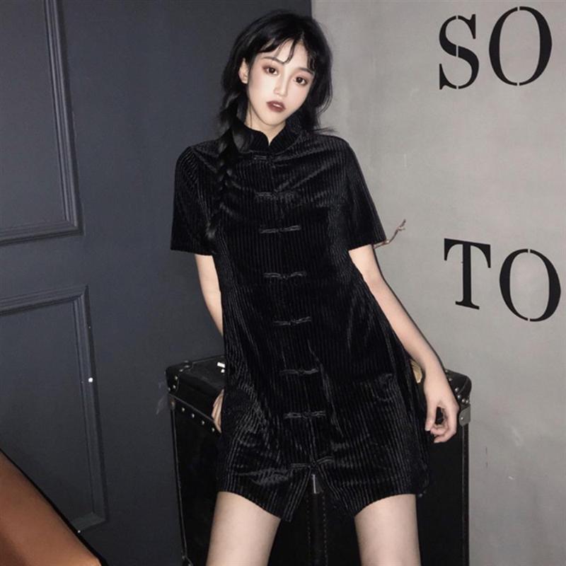 

Woman Dress Dark Style Cheongsam Skinny Dress Stand Collar Short Sleeve Solid Dresses Trend 2020 Chic Vintage Above Knee Dresses, Black